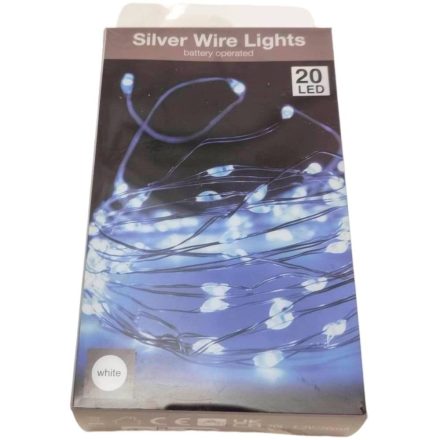 20 LED-es ezüst drótkábeles fényfüzér elemes (elem nélkül) hideg