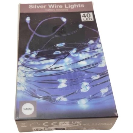 40 LED-es ezüst drótkábeles fényfüzér elemes (elem nélkül) hideg