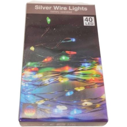 40 LED-es ezüst drótkábeles fényfüzér elemes (elem nélkül) multi color