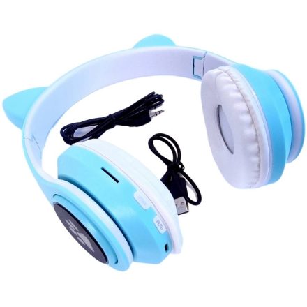Fejhallgató, cicafüles, RGB világítással, bluetooth 5.0, kék