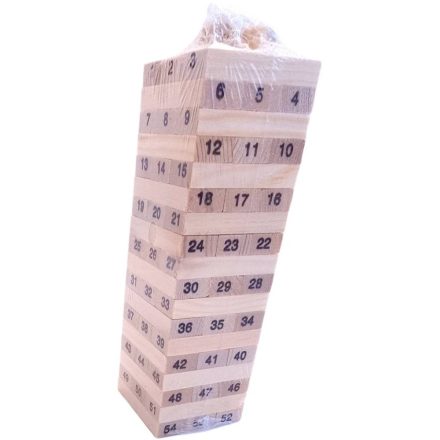 Mini Jenga torony játék, fa kockák, 54 db és 4 dobókocka, 50x17x9 mm