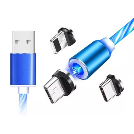 Mágneses töltőkábel 3 fejjel, 3 in 1, világítós, 1m, micro USB,Lightning, Type-C